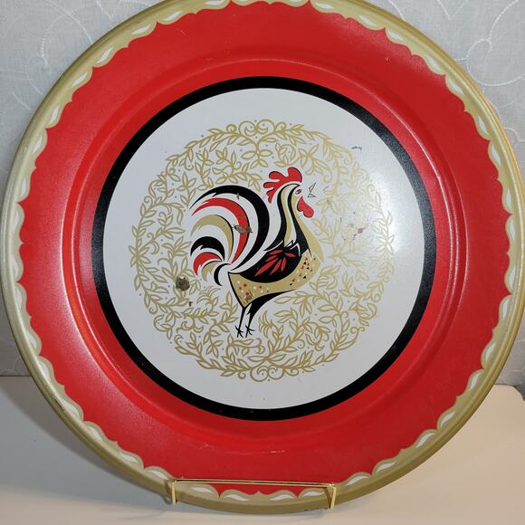 VINTAGE Stoyke Tray Platter 19" Round Red White Chicken Metal Mid Century 60s - Picture 7 of 16